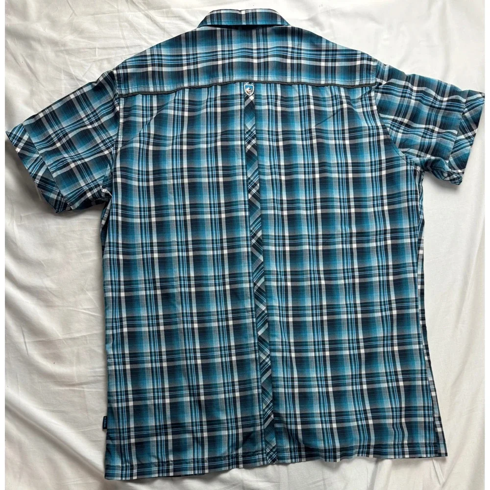 Kuhl Eluxur Mens Medium‎ Blue Plaid Short Sleeve Snap Front Performance Shirt M